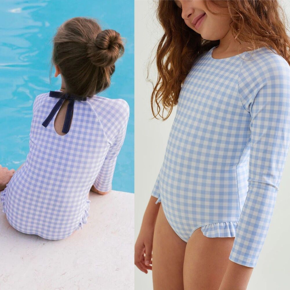 Minnow, Girl's Oasis Blue Gingham Rashguard One Piece 7/8 Long Sleeve Ruffle Bow